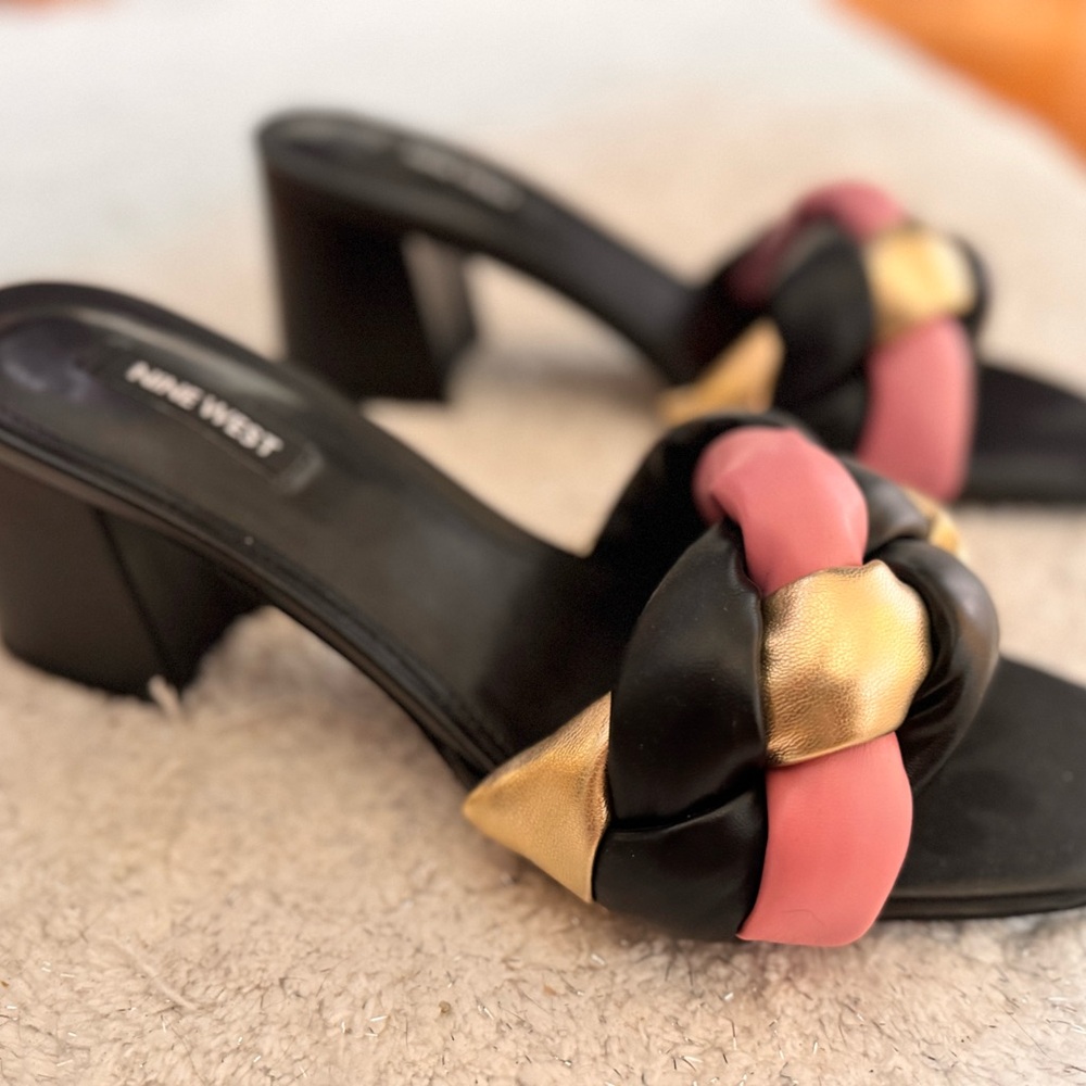 Nine West Black, Pink, and Gold Heeled Sandals, size 9